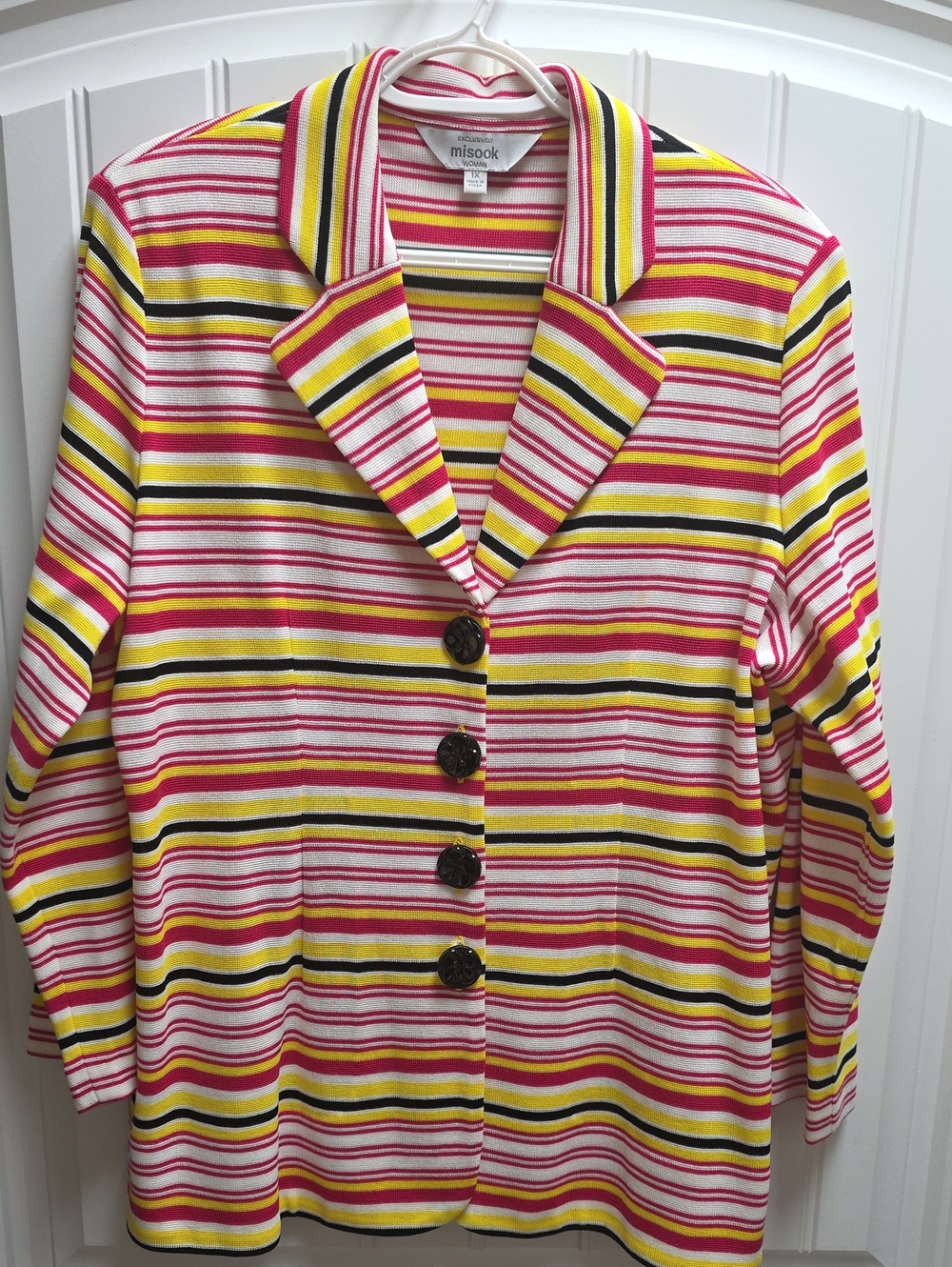 Misook Striped Knit Blazer in Pink, Yellow and Black